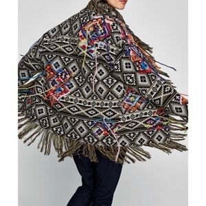 ZARA BLACK CREAM KIMONO FRINGE TRIBAL AZTEC EMBROIDERY BLAZER COAT JACKET Small
